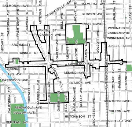Western Avenue North TIF district, roughly bounded on the north by Foster Avenue, Montrose Avenue on the south, Ashland Avenue on the east, and California Avenue on the west.